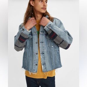 Denim Trucker Jacket with Plaid Sleeves